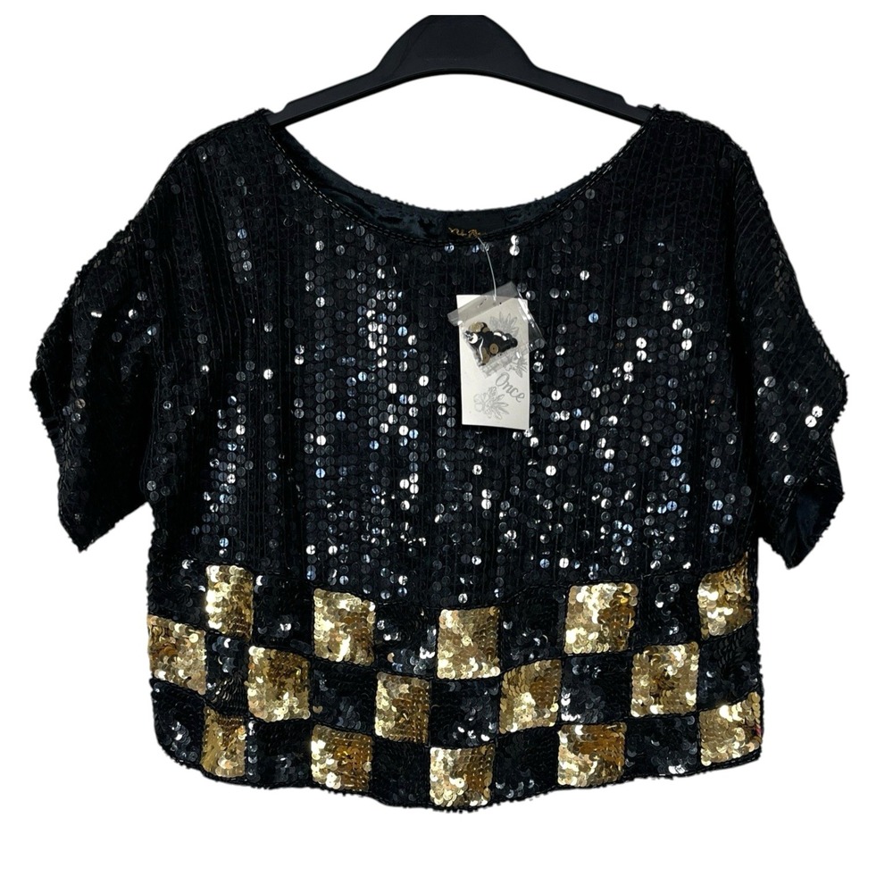 NWT Vintage '80s At Once‎ Full Sequin Top Womens S 100% Silk Cropped Retro Glam